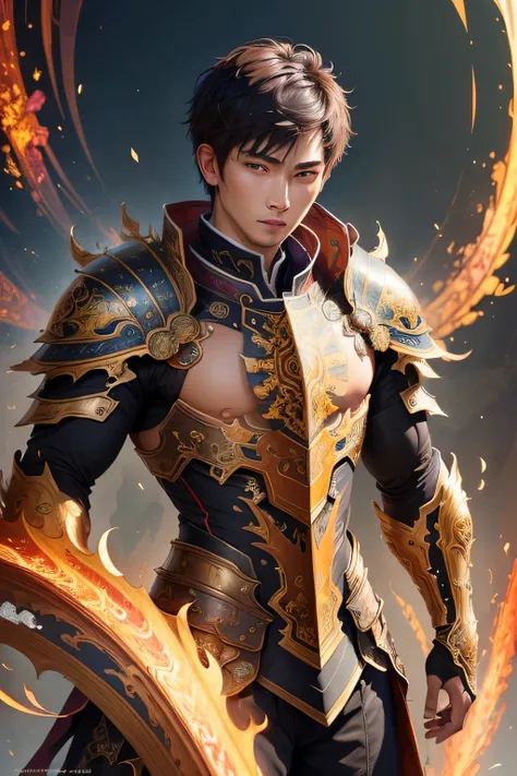 (masterpiece, top quality, best quality, official art, aesthetic:1.2), (1king), extreme detailed,(fractal art:1.3),colorful,highest detailed, armor, sharp facial features, handsome, short hair, asian face, 