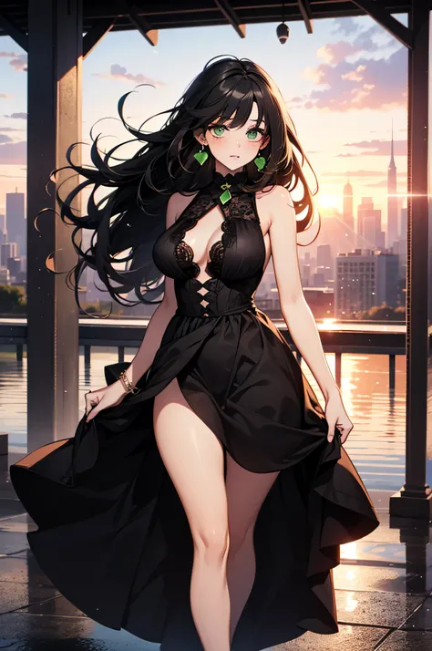 (top quality, masterpiece, high quality, ultra-delicate), ((beautiful girl)), (smooth dark black hair), mature, graceful curves, (long hair, long bangs), ((vibrant bright green eyes)), detailed eyes, modern clothing, bangs, fashionable clothing, black coll...