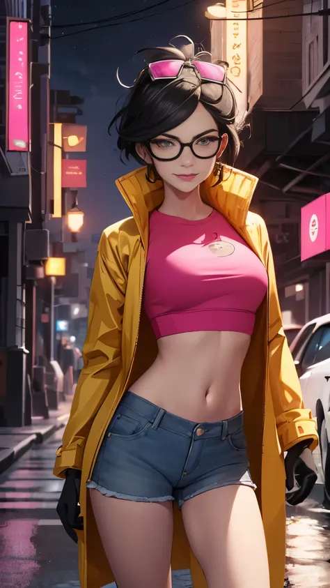 (highly quality, masterpiece, detailed), night city detailed scenario, night city detailed background, solo, jubilee, black hair...