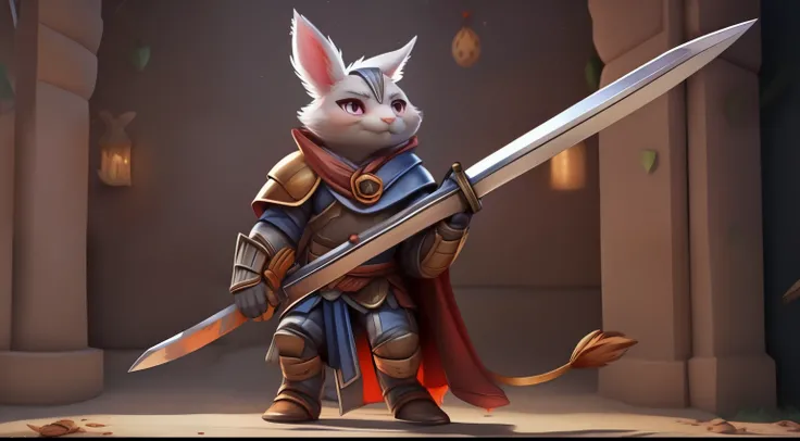 There is a cat with a sword and armor in the room, Wojtek Fuss, Ferret Warrior, mob_Features, bunny with helmet and sword, Rabbit warrior, Anthropomorphic Warrior Pig, red wall, RossDraws global illumination, William H.. Punjilupi, warwick saint, rossdraws...