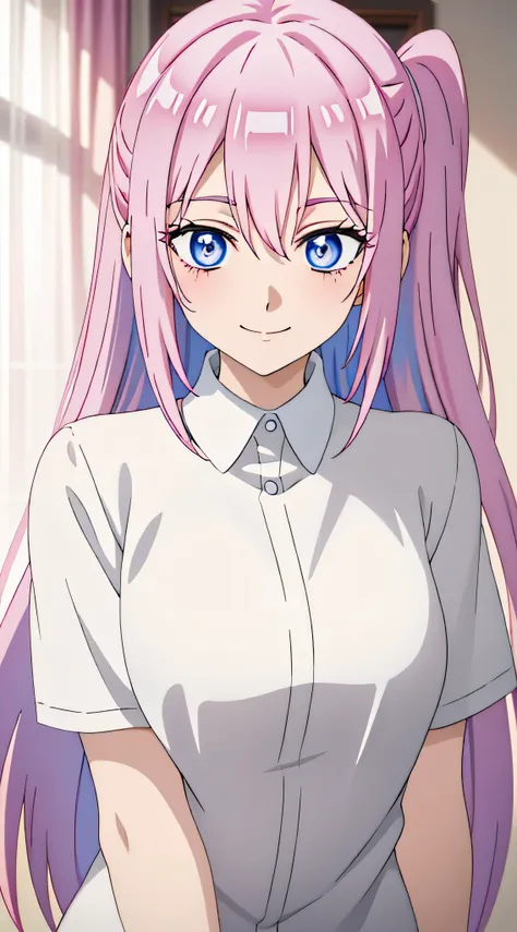 anime girl with pink hair and blue eyes in a white shirt, crazy seductive smile, directed gaze, high - angle, very very very bea...