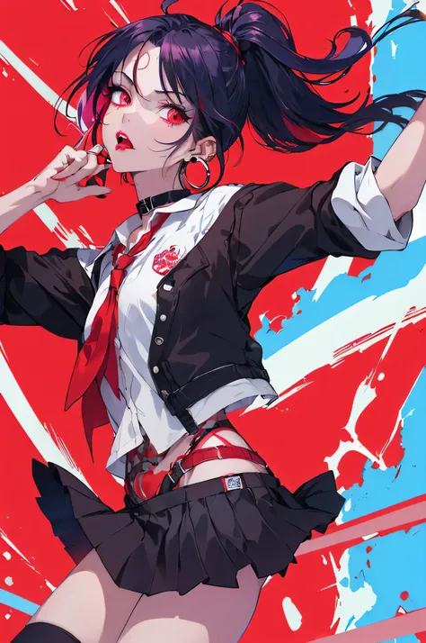 Red eyes, Clear Eyes, choker, Neon Shirt, torn legwear, open jacket、Blue pubic hair catches my eye,Bright red background、((Red background)), graffiti, Shineing grafiti, Shineing tattoos, Shine, Neon Light, Black light,Anime Style, movie portrait photograph...