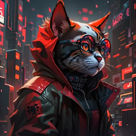 there is a cat wearing a red jacket and glasses., cyberpunk art by anton fadeev, trending on cgsociety, fur art, cyberpunk cat, ...