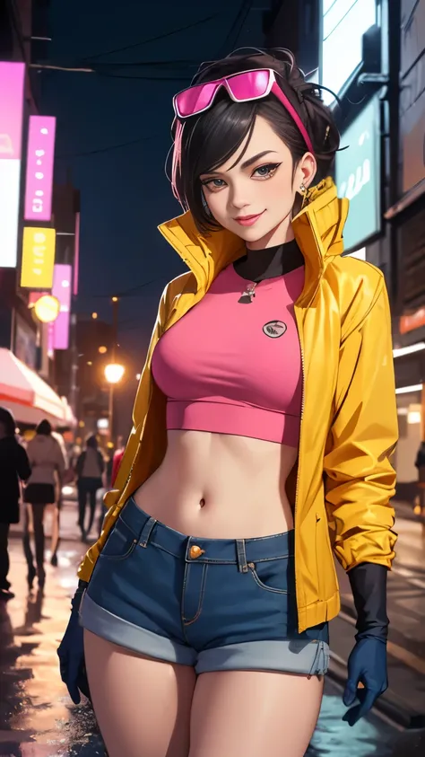 (highly quality, masterpiece, detailed), night city detailed scenario, night city detailed background, solo, jubilee, pink crop ...