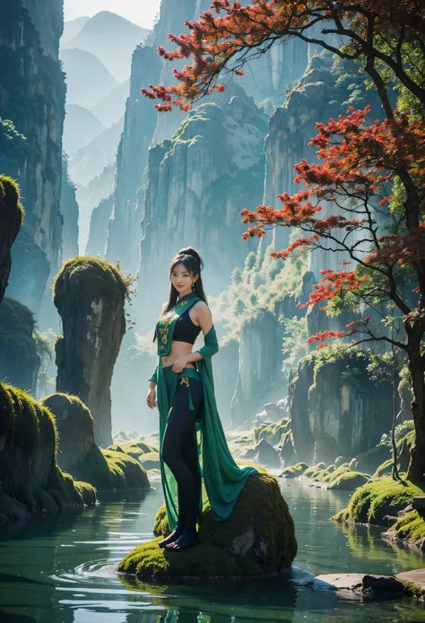 Photography of a lady standing before a massive jade screen adorned with a landscape carving, showcasing intricate details of mountains, rivers, and nature. The lady, is bishoujo_senshi_sailor_moon, realistic， jade leggings, solo，jade hair，ruby，Anatomicall...