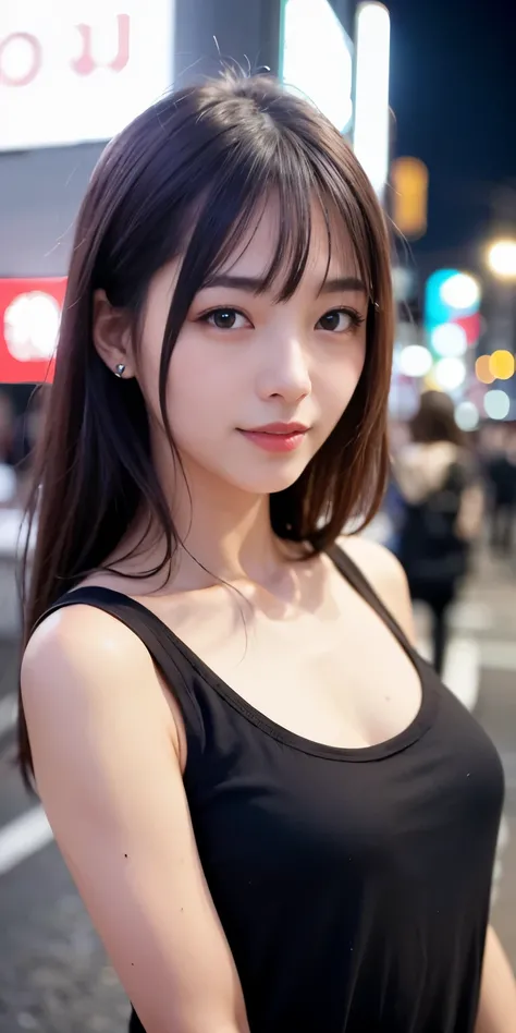 1 Girl, Tokyo Street,night, Streetscape,City lights,Upper Body,close,smile,, (8K, Raw photo, highest quality, masterpiece:1.2),(Realistic, photo-Realistic:1.37),