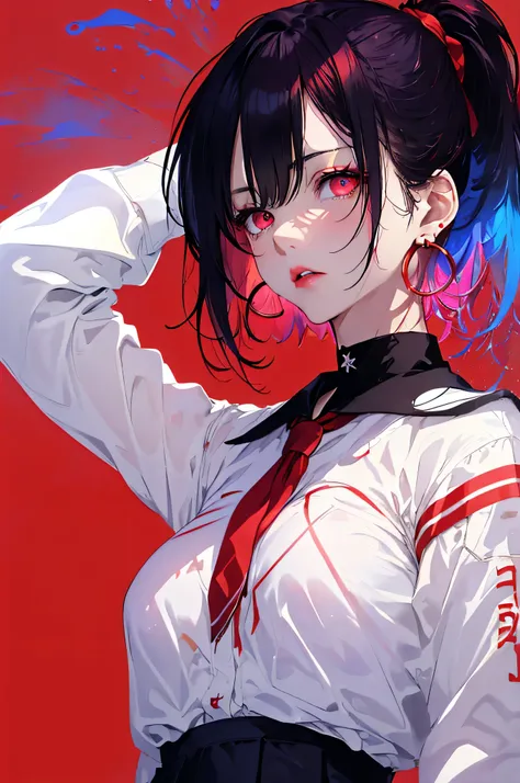 glaring、red eyes, clear eyes, choker, neon shirt, torn legwear, open jacket、blue pubic hair catches my eye,bright red background...