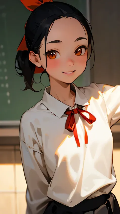 highest quality、Realistic、Japanese、Women、cute、orange eyes、Short ponytail、Black Hair、all back、Forehead is coming out、classroom、White blouse、Red ribbon、Light grey jumper skirt、student、Grinning、Face close-up、Small breasts、slender