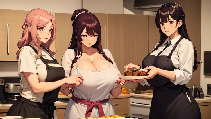 personaje anime style, A confident, curvy woman with a captivating smile, Cuerpo completo((manos finas y detalladas)), mostrando su figura y una cintura bien definida, culata, vista trasera, en una encantadora escena de cocina, where she takes the role of ...