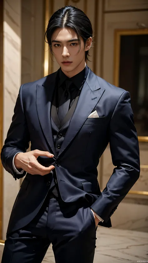 Dressed in a well-tailored suit、A muscular man with black hair and captivating purple eyes、It exudes an aura of strength and discipline.。His exquisitely defined facial features are three-dimensional and perfect.、This is accentuated by the sharp angles and ...
