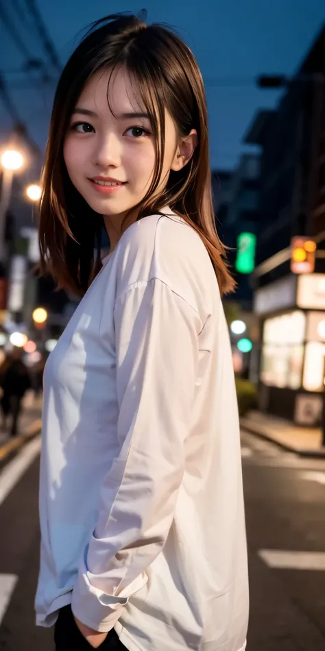 1 Girl, Tokyo Street,night, Streetscape,City lights,Upper Body,close,smile,, (8K, Raw photo, highest quality, masterpiece:1.2),(Realistic, photo-Realistic:1.37),