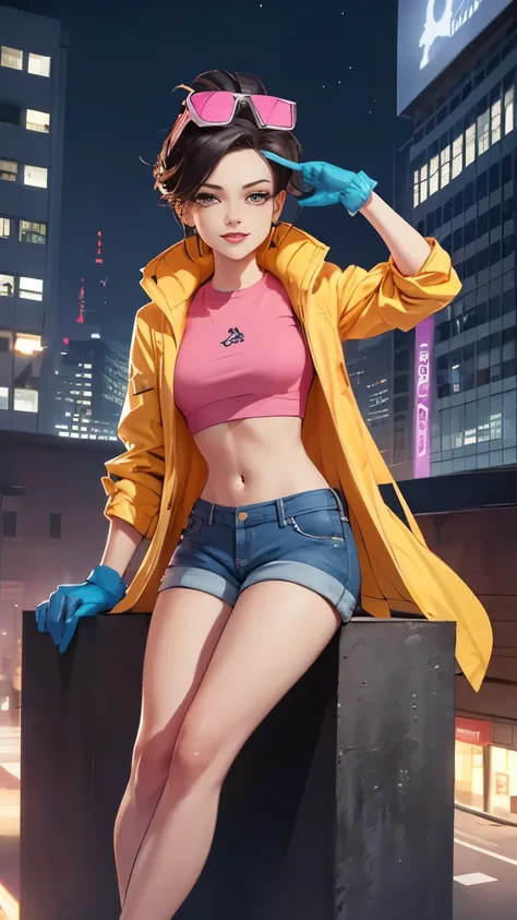 (highly quality, masterpiece, detailed), night city detailed scenario, night city detailed background, solo, jubilee, pink crop ...