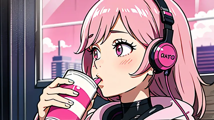 City Pop, girl, Pink Hair, alone, wearing headphones, pink background, wide shot, cafe, drinking, rainy day