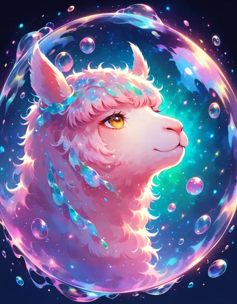 1 alpaca，traditional media,look up,cold background ,(animal portrait、alpaca details） ,( solitary)，wrapped in huge bubbles(beauty...