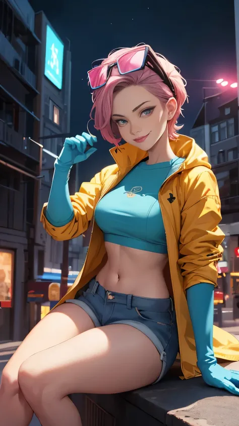 (highly quality, masterpiece, detailed), night city detailed scenario, night city detailed background, solo, jubilee, pink crop ...