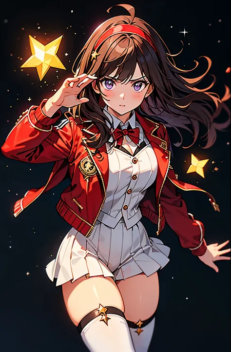 Woman with brown eyes, age 21 (medium hair, dark brown hair, wavy hair, red hairband), ahoge, ((white blouse with black stars, vest, jacket, opened jacket, red jacket with stars)), (leotard, bare legs, black thigh highs, high-heel shoes), purple stellar en...