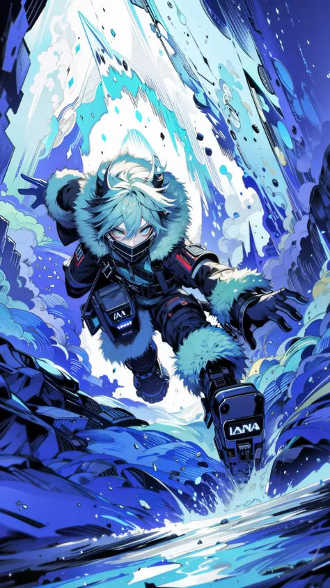 A high-octane action sequence unfolds as a fearless adolescent, clad in a yeti outfit and aqua hair, navigates a secret cavern, evoking a sense of mystery and adrenaline. Dynamic angles, intense lighting, and rugged terrain enhance the tension and exciteme...