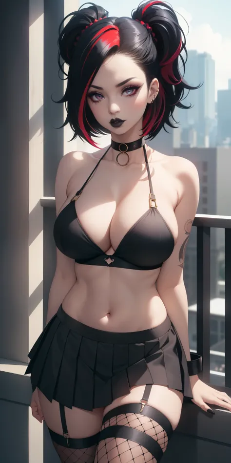 big breasts,1Adult goth girl, Alone, expressive eyes ((black hair: 1.4, red tips, multicolored bob hair, choker)), Double eyelids, light effect on eyes, brown eyes, adult woman, milf, (Black top, pleated skirt, fishnet stockings) confident face, sfm, eyebr...