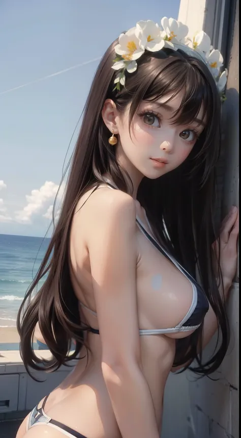 masterpiece, highest quality, Portrait of a Girl, 可愛いsmile, Black Hair、Long Hair、bangs、perfect ratio、Perfect beauty、sexy look、the cutest in the world、Look forward、Looking at the audience、Big Breasts、naked、nudist、Second dimension beautiful girl、smile、bikini...