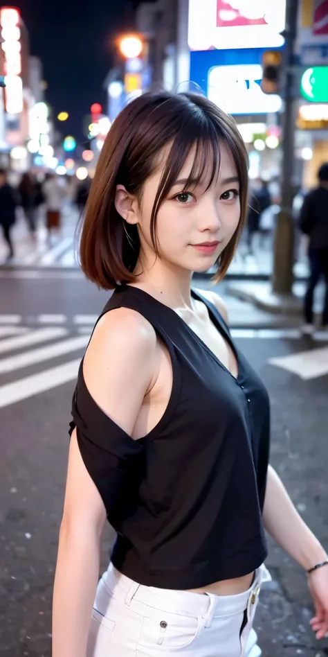 1 Girl, Tokyo Street,night, Streetscape,City lights,Upper Body,close,smile,, (8K, Raw photo, highest quality, masterpiece:1.2),(Realistic, photo-Realistic:1.37),