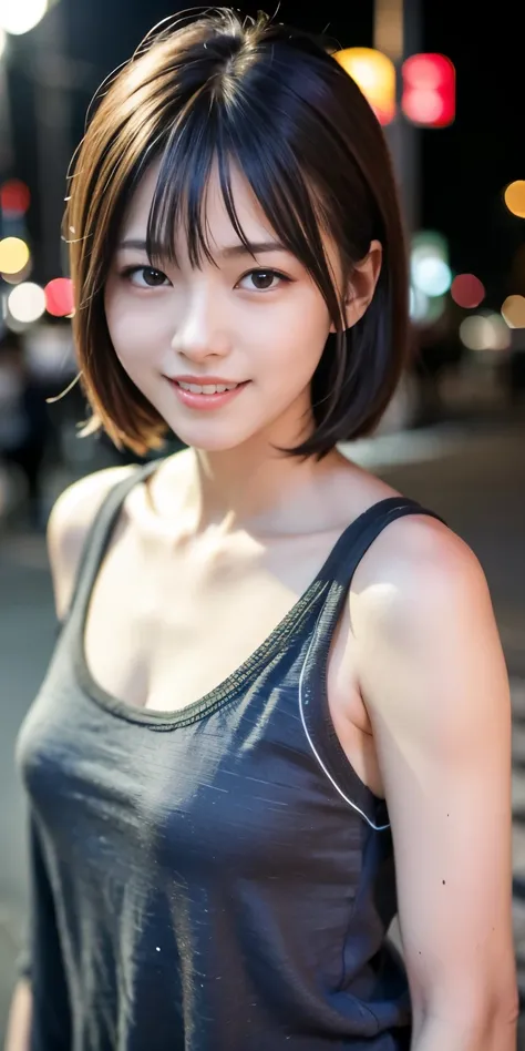 1 Girl, Tokyo Street,night, Streetscape,City lights,Upper Body,close,smile,, (8K, Raw photo, highest quality, masterpiece:1.2),(Realistic, photo-Realistic:1.37),