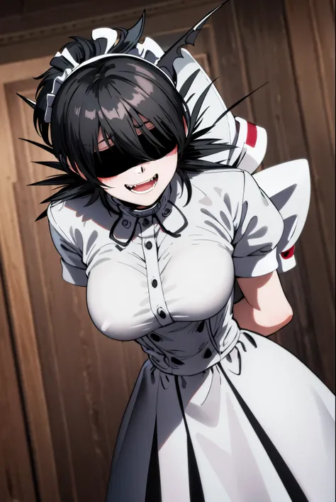 maid, maid headdress, front view, ((arms behind back)), fangs, vampire, solo, 1girl, indoors, blindfold, blindfolded, standing, rip van winkle, black hair, vanwinkle