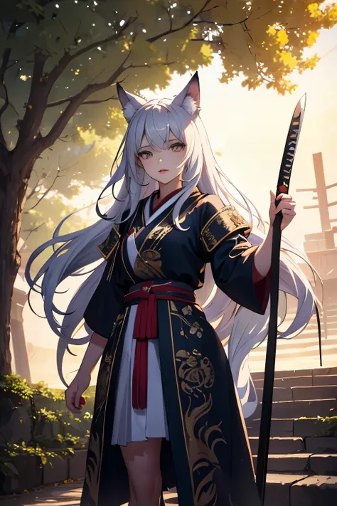 a wolf girl, age 20, wolf girl, standing, looking to the viewer , sandals ,samurai captain,beautiful detailed eyes,beautiful det...