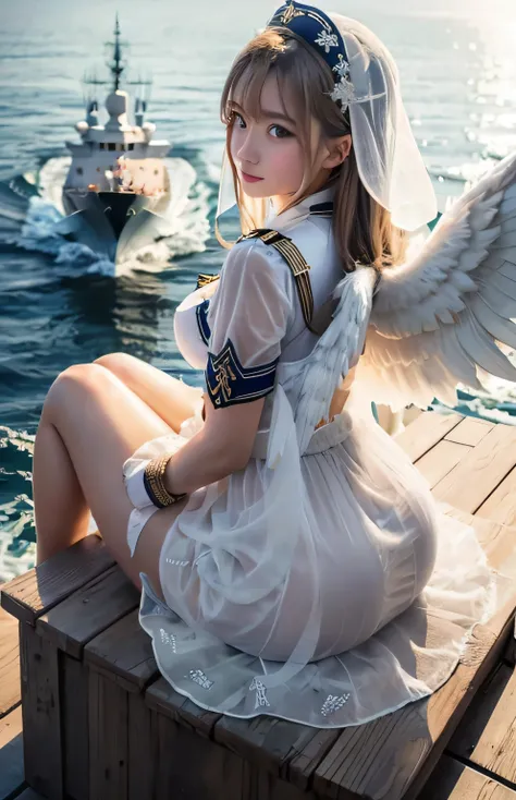 Greek warships、She has white angel wings on her back、see-through white dress