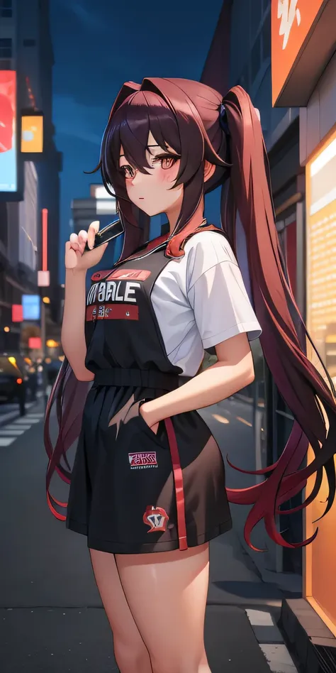 masterpiece, best quality, HuTaoV4, 1girl, solo, blush, twintails, long hair, hair between eyes, ((streetwear clothes)), city, outdoors, night, movie poster, extremely detailed 8K, smooth, high resolution, ultra quality, cinematic lighting, ambient occlusi...