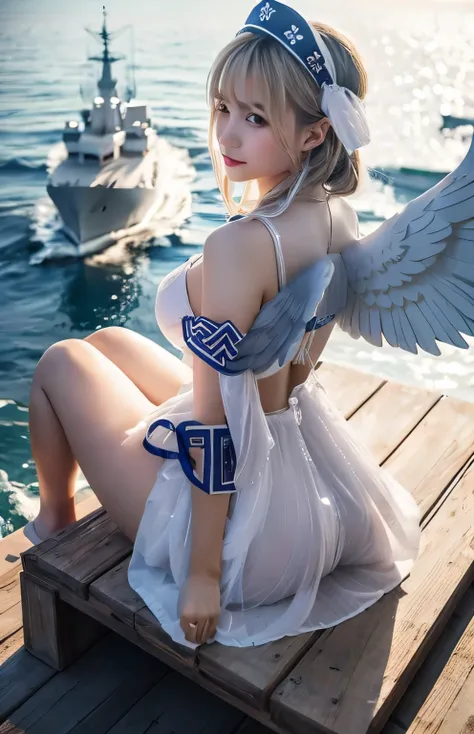 Greek warships、She has white angel wings on her back、see-through white dress