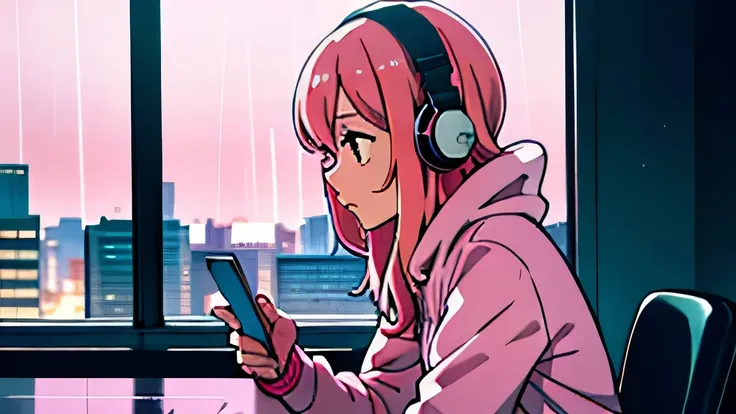 City Pop, girl, Pink Hair, alone, wearing headphones, pink background, wide camera angle, middle body shot, Operate smartphone, rainy day, evening, cafe, operating a smartphone