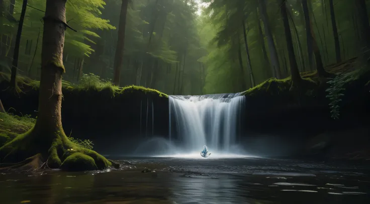 There is a waterfall in the middle of the forest、A person stands in the water, Solitude under the waterfall, Float into a powerful Zen state, forest and waterfall, Winning photo of unsplash contest, Long Exposure 8K, unsplash photo contest winner, Unsplash...