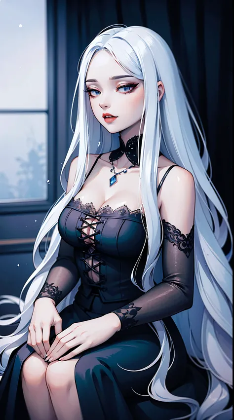 Beautiful Vampire Queen, long white hair, gothic style, white roses in hair, dark black eyelashes, blue irises, fangs, wearing a black gothic lace top and skirt, digital illustration, glitter,ankymoore

