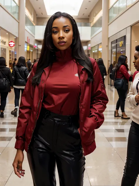 A lighskinned ethopian woman wearing a red jacket and black pants in the mall