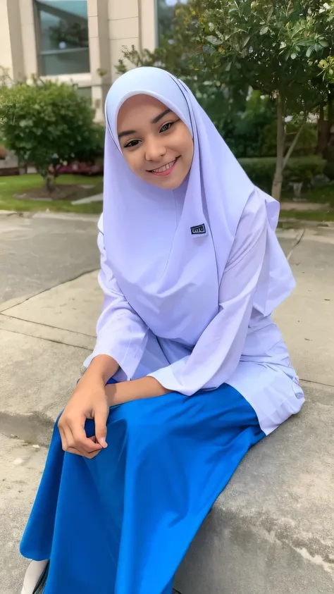 1 teen girl, (very large breasts,full body:1.2), very cute baby face, (white dress), ((wearing hijab)), ((blue skirt)), long sleeve, teenager, looking at the camera, very sexy, elegant, soft cloth, satin fabric, very beautiful girl, very pretty girl, blush...