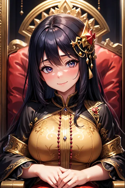 (High quality, High resolution, Fine details), Queen on the throne, velvet throne, sequined dress, solo, curvy adult women, black hair, sparkling eyes, (Detailed eyes:1.2), smile, blush, Sweat, Oily skin, Soft tones, shallow depth of field, soft warm light...