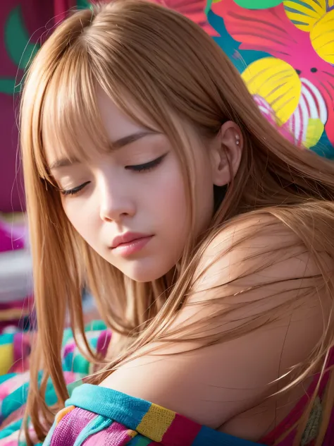 The overall image is realistic and photorealistic rendering.
A teenage woman, a cute girl, a cute sleeping face, long eyelashes, and a toned body.
Bright clothes, anime style, pastel colors.
Sleeping in bed, lying down, eyes closed.
Colorful background, be...