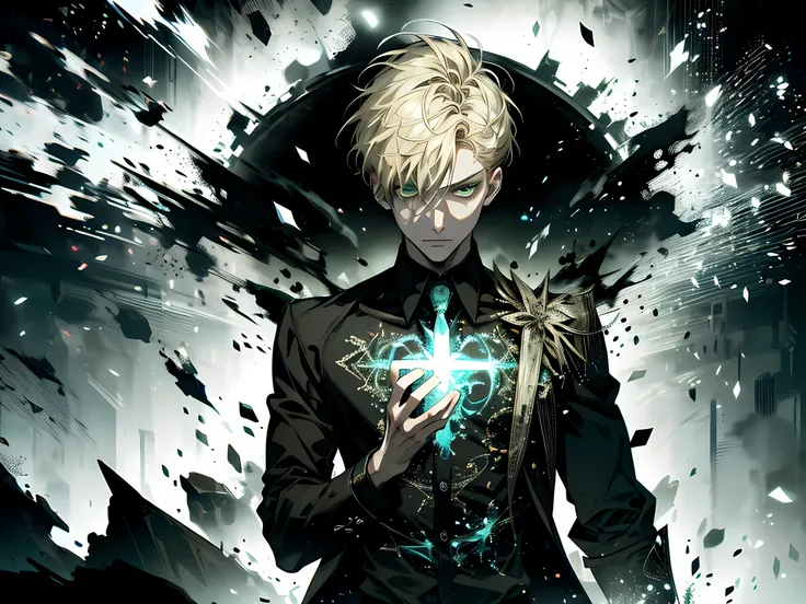 Solo, Male, masterpiece, highres, short hair, blonde hair, green eyes, black and white shirt, magician, magic particles, entropy, eyes finely detailed, extremely detailed eyes
