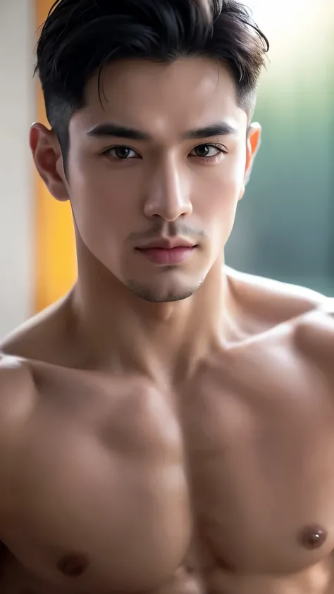 (highest quality, Realistic:1.37), High resolution, Studio Lighting, Very detailed, Professional, Vibrant colors, Bokeh, Portraiture, Japanese Male, expensive, good looking, Black Hair, Age 25, White skin, Muscular, Six Pack, Charm, Athletic ability, Sweat...