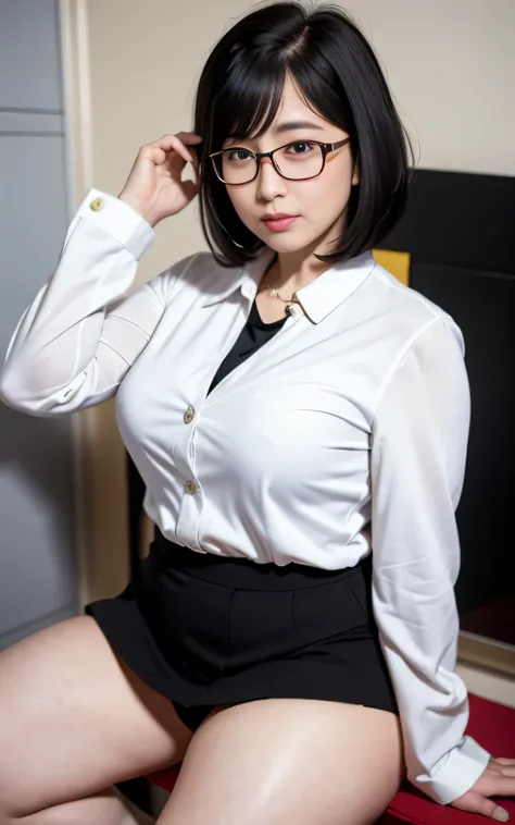 highest quality, Realistic , 8k, High resolution, 1 girl, woman, (Moderate: 1.8), Plump, Thick thighs, In the toilet, White suit, Revealed thighs, roll up the skirt, At work, sit on the floor、Spread your legs wide, short black hairstyle, Has bangs，Glasses、...