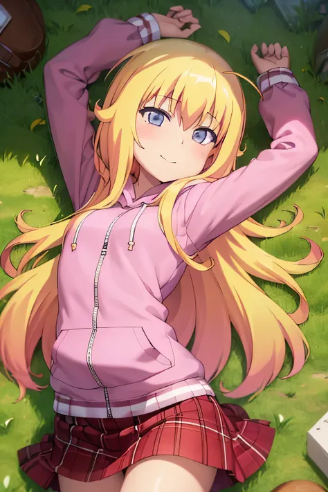 (extremely detailed CG unity 8k wallpaper), (masterpiece), (best quality), (ultra-detailed), (best illustration), (best shadow), (absurdres), 1girl, solo, gabriel white tenma, messy hair, ahoge, , red bow, plaid skirt, pink hoodie, closed mouth, spread arm...