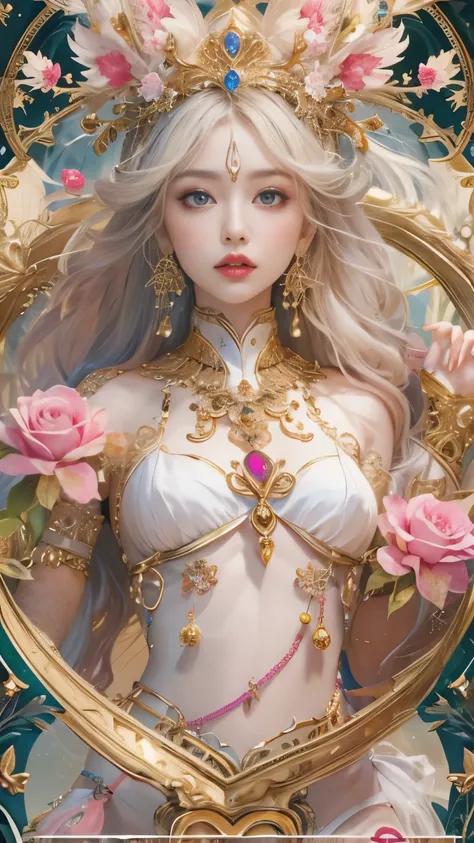 (Tabletop, highest qualityの, highest quality, Official Art, Beautiful and aesthetic:1.2), (1 fantasy girl), Very detailed, Glamorous Jewelry,Face is close, Shapeless long hair, (Fractal Art:1.3),colorful,Best details.expressed in the shape of a heart、heart...