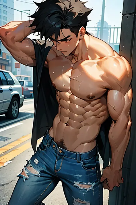 shirtless, super muscular, dripping with sweat, 22-year old short black hair handsome caucasian male wearing tattered jeans and sneakers, hands on the head showing underarms, in the street