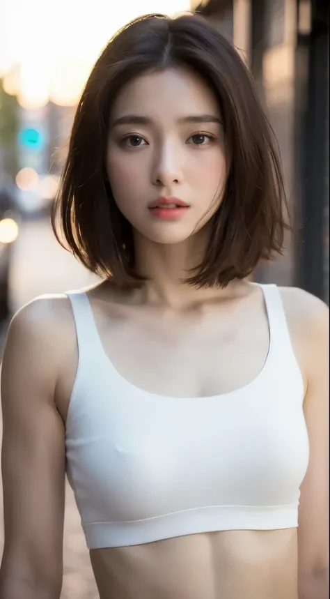 ((Realistic lighting, best quality, 8k, masterpiece: 1.3)), Be focused: 1.2, 1 Girl, Perfect body: 1.4, Slim abdominal muscles: 1.1, ((Dark brown hair)), (White short top: 1.4), (outdoor, night: 1.1), City Streets, super delicate face, Beautiful eyes, Doub...