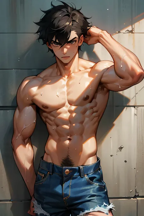 shirtless, super muscular, dripping with sweat, 22-year old short black hair handsome caucasian male wearing tattered jeans and sneakers, hands at the back of the head showing underarms, shirtless in the street