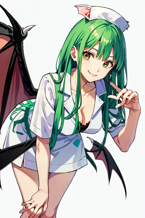 High Resolution、one person、Morrigan、adult woman、smile evilly、Wicked Smile、 Most detailed，Miniskirt、White nurse uniform、Hospital room、hospital、nurse