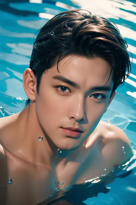 High angle shot写真, high angle view from above, Ultra-detailed photo of a handsome man&#39;s face, Rising from the water, Water accumulates up to the shoulders, Pool,  Looking into the camera, Splashと水滴, High angle view, High angle shot, Splash and water dr...