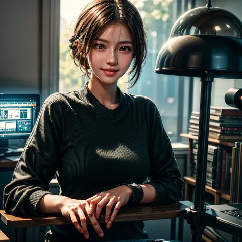 (Full body:1) of a young girl, smart casual, hackers server room, detailed face, ((cool facial expression)), (straight short thin fringe hair:1.2), ultra detailed photograph, (photorealistic), (intricate details:1),(masterpiece :1), (best quality:1), ultra...