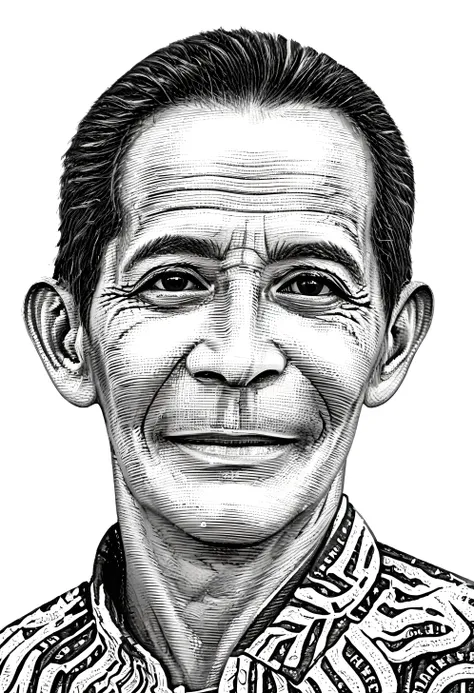 centered, uncropped,colouring book, indonesia man 55 years, black eyes,close up portrait, silhouette drawing of a smile man from...