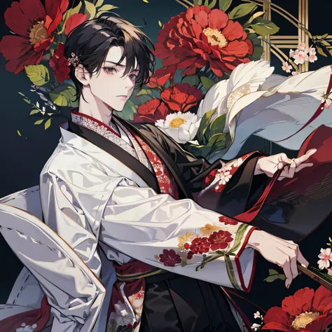 Boy with black hair and green eyes wearing a kimono white with red flowers